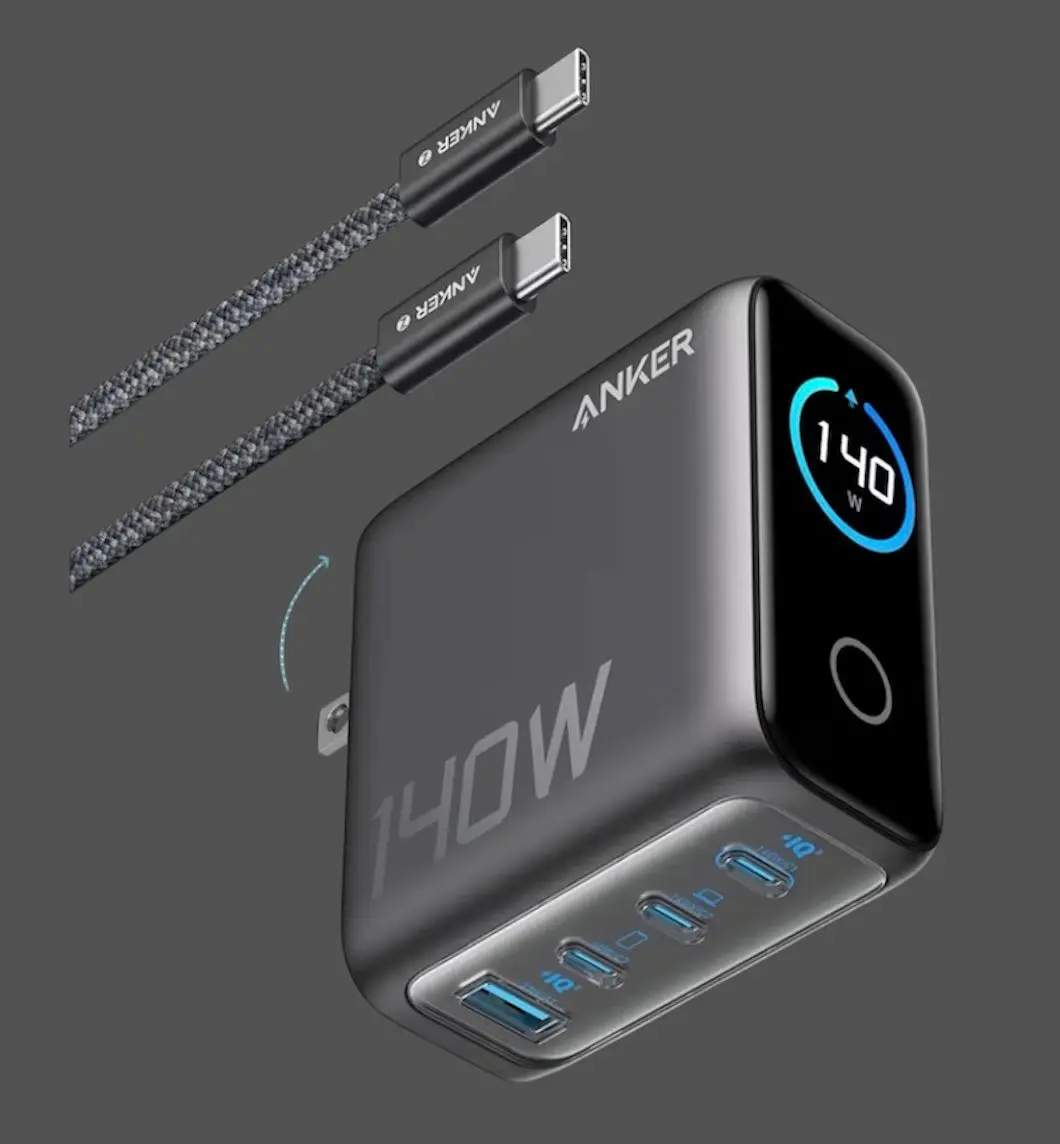 Anker 140W 4‑Port GaN USB‑C Charger – Smart Display, Touch Controls, Fast Charging for MacBook, iPad, iPhone 17 (5ft Cable Included)