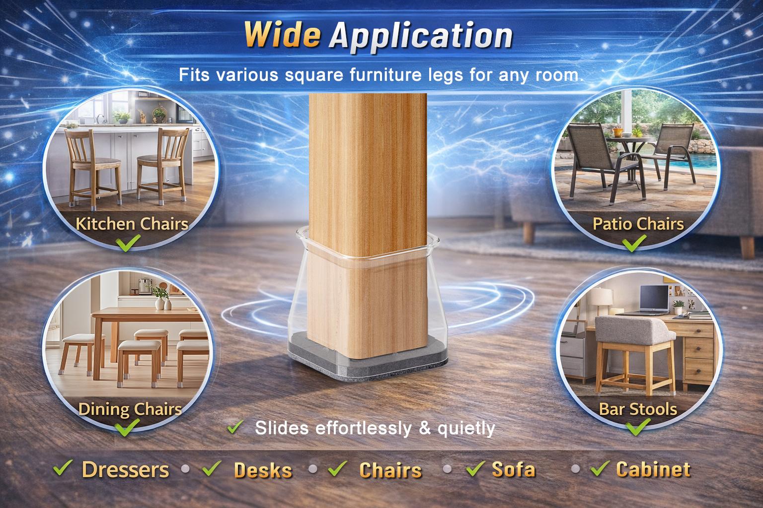 Square Chair Leg Floor Protectors, Furniture felt pads for Hardwood Floors, furniture Sliders for Chair Legs, Floor Protectors for Chairs, reduces noise Silicone Chair Leg Caps Cover, Large, Clear
