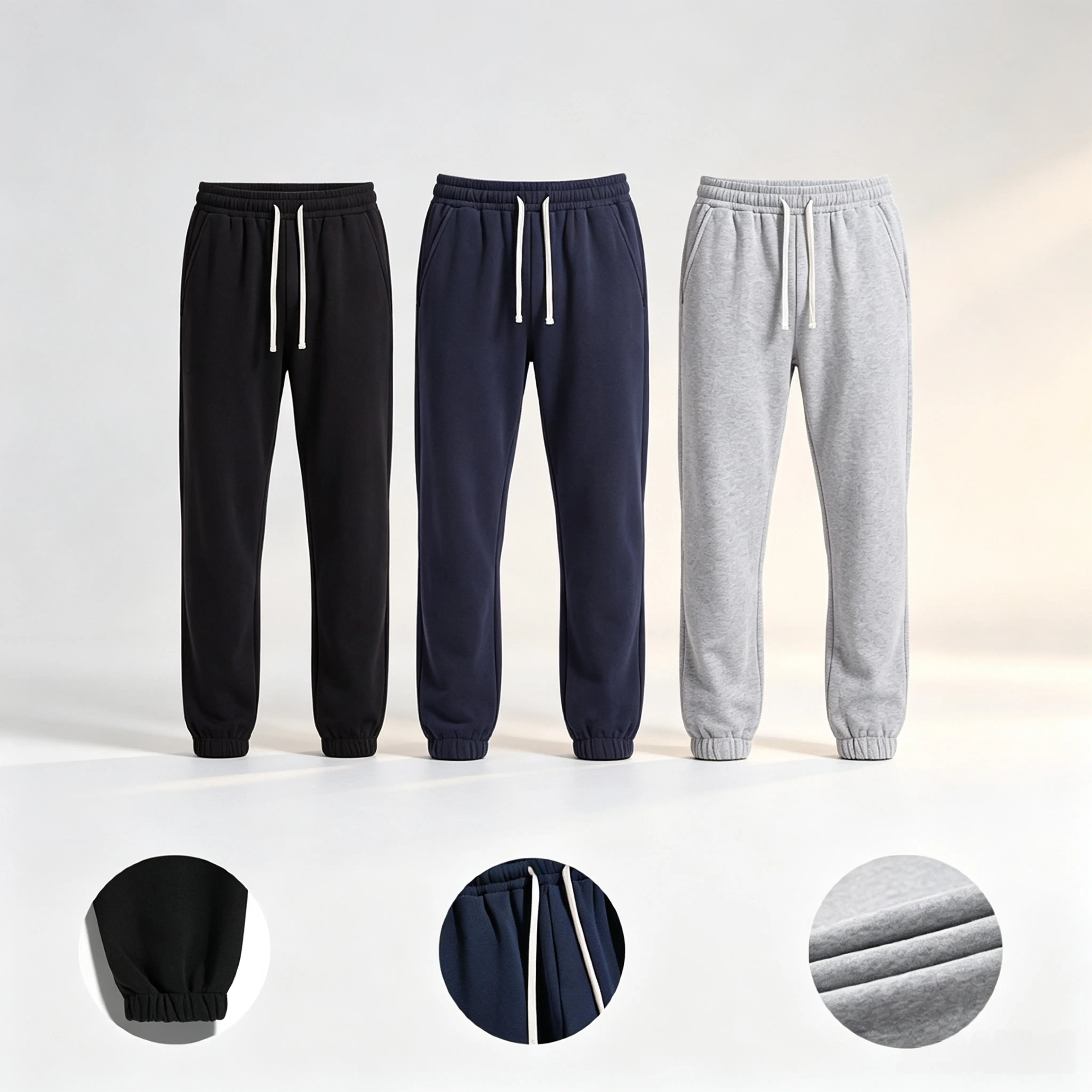 Men's Polyester Athletic Pants - Loose-Fit, Mid-Waist, Solid Color with White Contrast, Elastic Waistband, Drawstring Cuffs, Ribbed Hems, Side Pockets, American Trendy Street Casual Style, for Commuting & Light Jogging