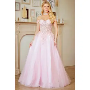 Off Shoulder A-Line Gown with Corset Bodice Glitter Tulle Skirt by Amelia Couture 8064
