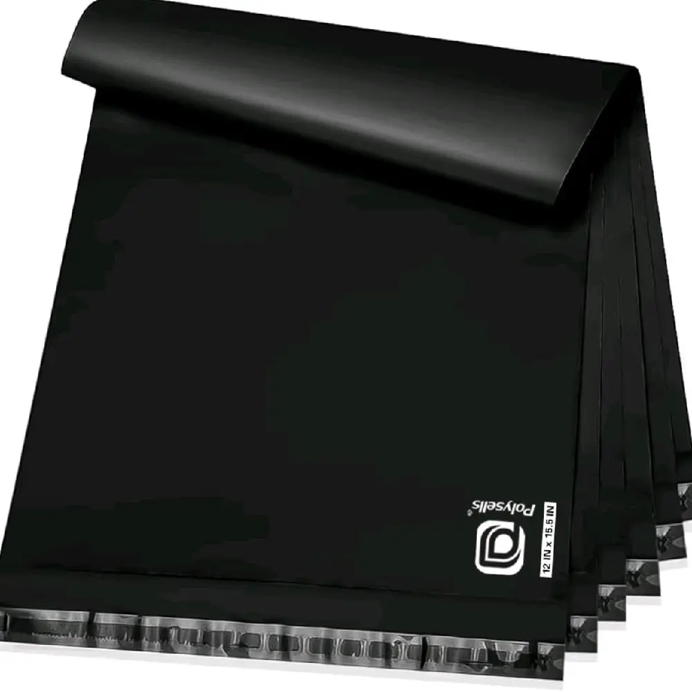 POLYSELLS 100 pcs 12x15.5 Inches Black Poly Mailers Shipping Envelopes, Strong Adhesive Sealing, Waterproof, and Tear-resistant Postal Mailing Bags for Clothing, Books, and Accessories shipping bags