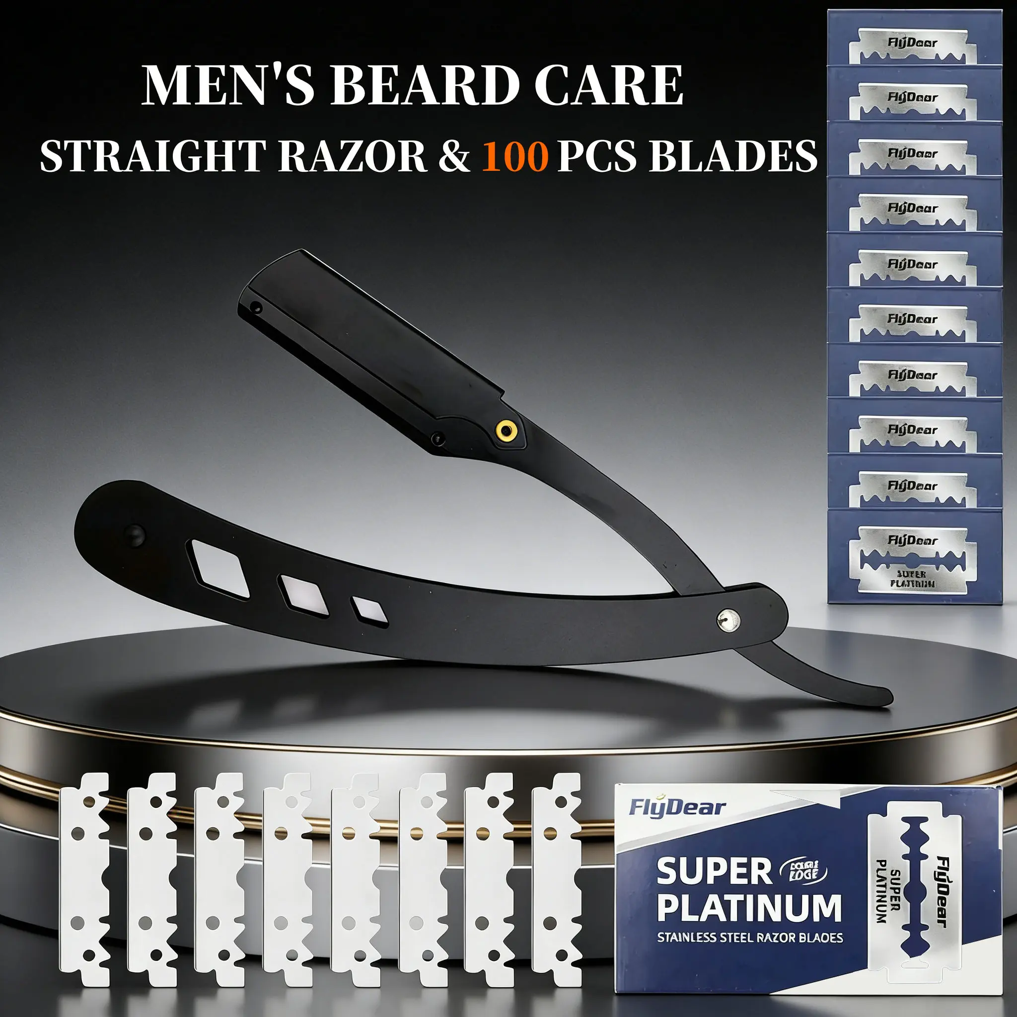 Professional Barber Straight Razor for Men–Black Straight Edge Razor with 100 Safety Blades Included Sleek Reusable Stainless Steel shaving gear easy replacement manual shaver kit beard sharp handheld razor blade daily groom travel razorkit Matte Durable