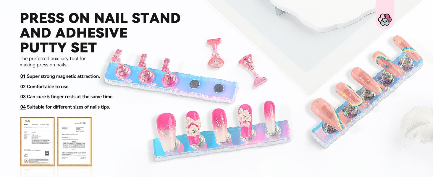 SAVILAND Nail Stand for Press-Ons: 15 magnetic Aurora Nail Holders 40 Reusable Sticky Putty Pieces Nail Painting Practice Beginner Acrylic Tools