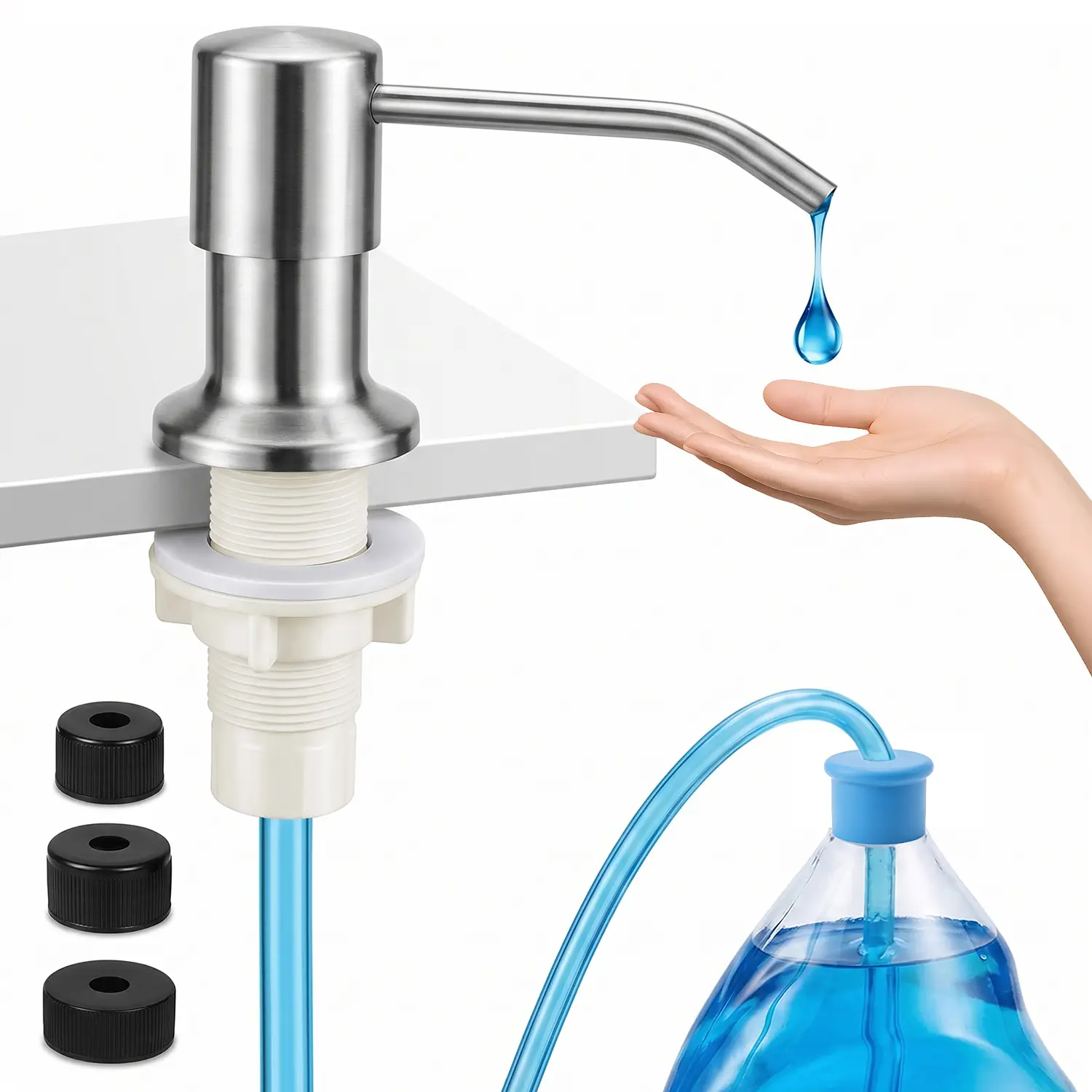 Dish Soap Dispenser for Kitchen Sink (Brushed Nickel), Countertop Sink Soap Dispenser Water Pump with 47” No-Spill Extension Tube Kit Design for Kitchen Bathroom, No More Refills, Kitchen Sink Accessories