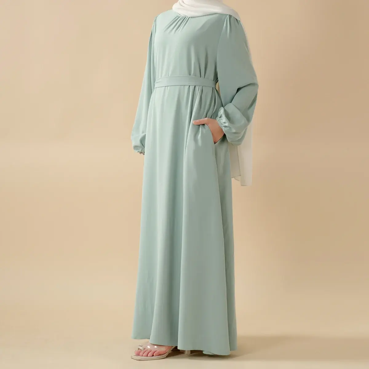 Women's 2-Piece Opaque Pleated Nida Islamic Abaya Dress Set, Candy Colors, Elegant Balloon Sleeves, Soft Flow, Elastic Cuffs Stay Neat, Matching Detachable Belt, Breathable, Lightweight, Modest Fashionable, Cinch/Loose Fit, Full-Length Coverage, Casual