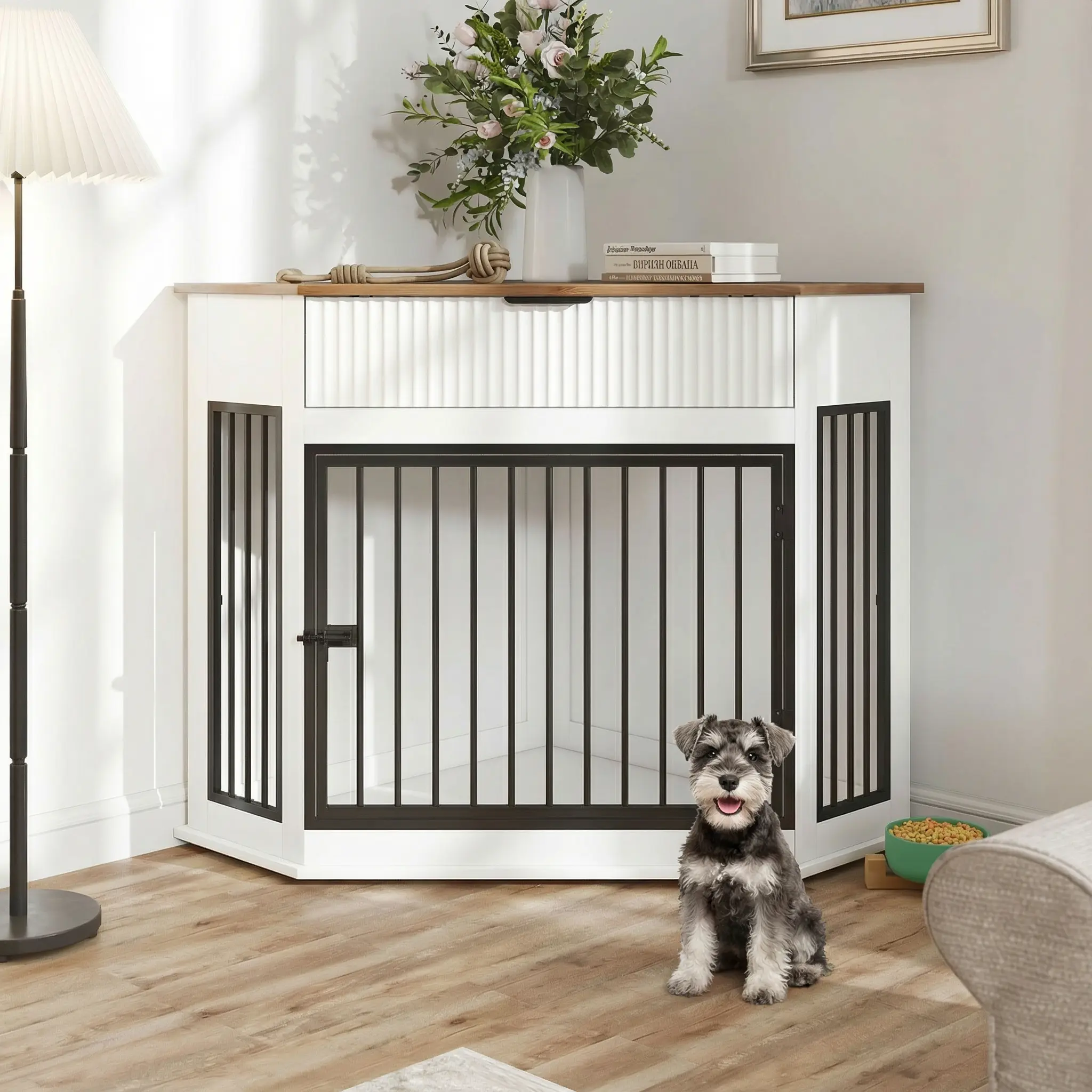 44.6'' Corner MDF Dog Crate Furniture for Small/Medium Dogs, Decorative Dog Kennel End Table with Fluted Drawer Storage, Modern Space-Saving Dog Cage Cabinet for Home Décor Indoor(Walnut)