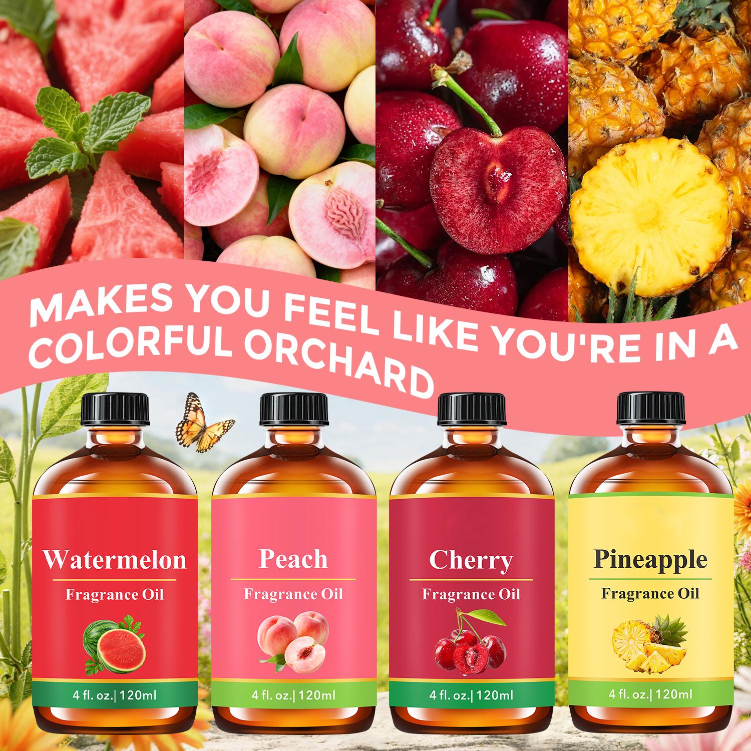 Natural Fruit Essential Oil -Pineapple, Peach, Watermelon & Cherry Sweet Fruity Scents- 120ML Big Bottle Aroma Oils For Humidifiers, Diffusers, Candles, Flavored Air - Massage Body Oil Natural Fruit Essential Oil -Pineapple, Peach, Watermelon & Cherry Sweet Fruity Scents- 120ML Big Bottle Aroma Oils For Humidifiers, Diffusers, Candles, Flavored Air - Massage Body Oil