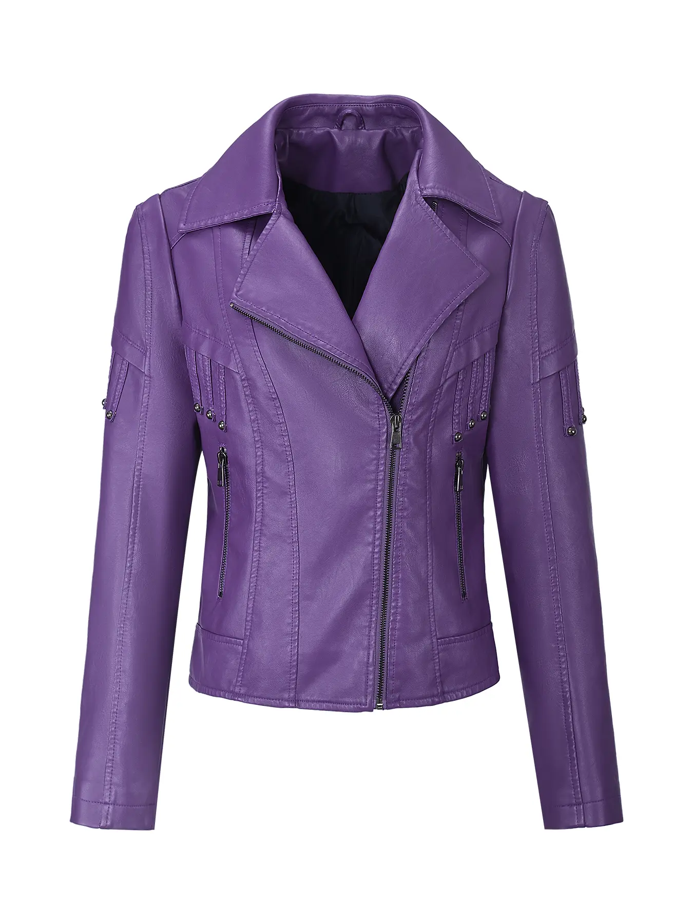 Men’s PU faux leather cropped purple biker jacket with turn-down collar, zip closure, slim fit, and studded decorative detailing; suitable for everyday streetwear and parties in spring and autumn.