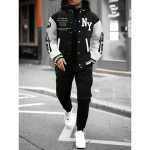 New York-Inspired Men's Baseball Jacket & Joggers Set - Casual Streetwear with Letter Print, Polyester Blend, Button Detail - Perfect for Fall/Winter, Jogging Suits