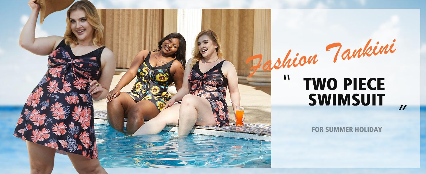 Hanna Nikole Women's Two Piece Swim Dress Plus Size Tummy Control Floral Printed Swimwear Swimsuits with Boyshort Tankinis Set Swimdress Outdoorfun
