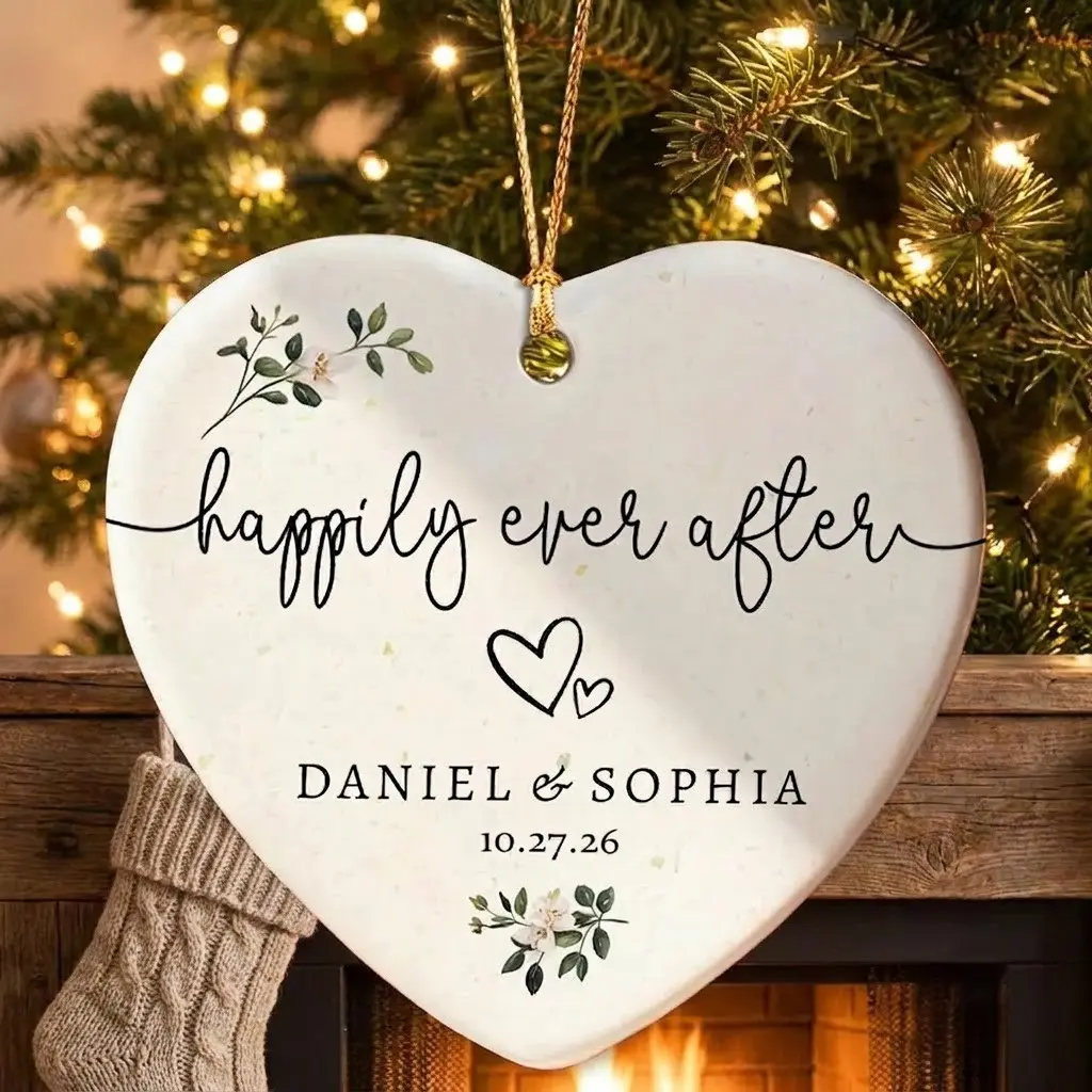 Personalized Wedding Ornament Heart Ceramic Keepsake Custom Names Date Happily Ever After Bridal Shower Gift Engagement Anniversary Decoration Christmas Tree Hanging Signs Couple Gifts Newlyweds Married Present Keepsakes Memorable Mementos