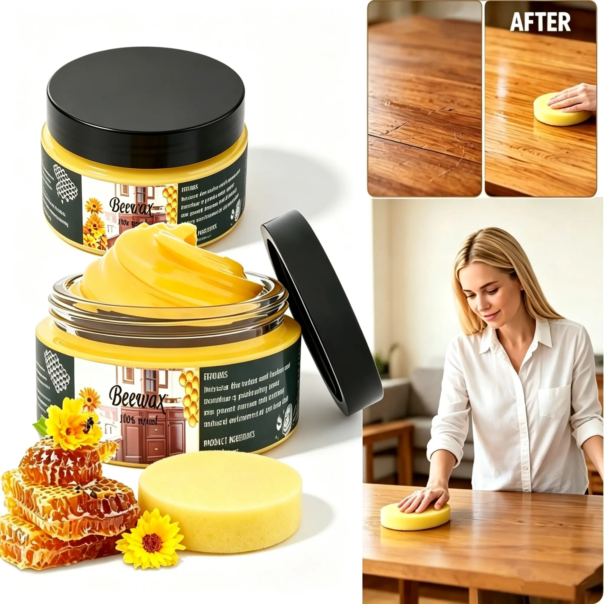 2pcs Beeswax Polish and Conditioner for Wood Furniture - Waterproof & Restorer Wood Wax, Multipurpose Beeswax Furniture Polish and Cleaner for All Types and Colours
