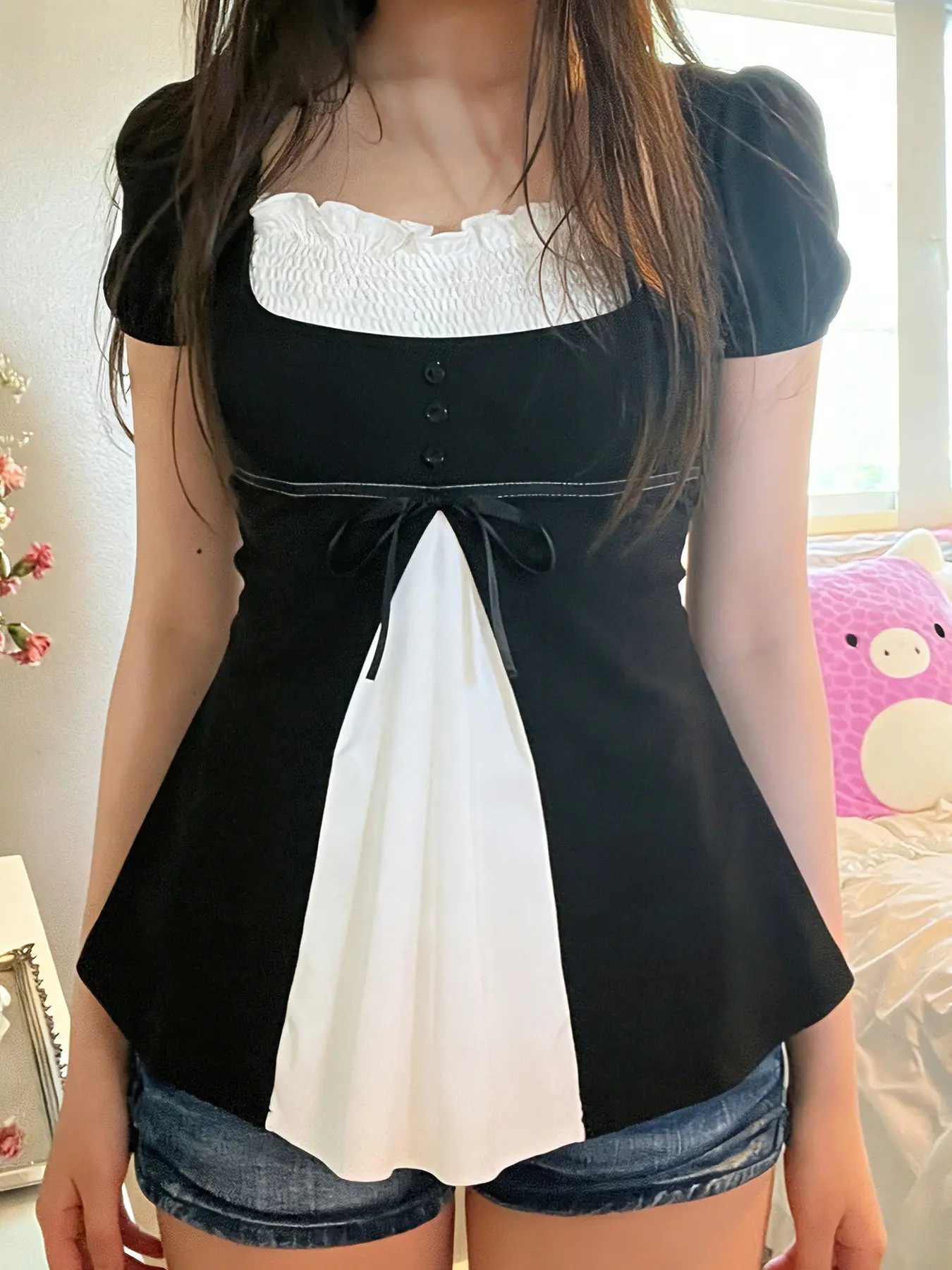 Women's Cute Bowknot Frill Trim T-Shirt, Y2K Bubble Sleeves Button A-Line Patchwork Summer Top
