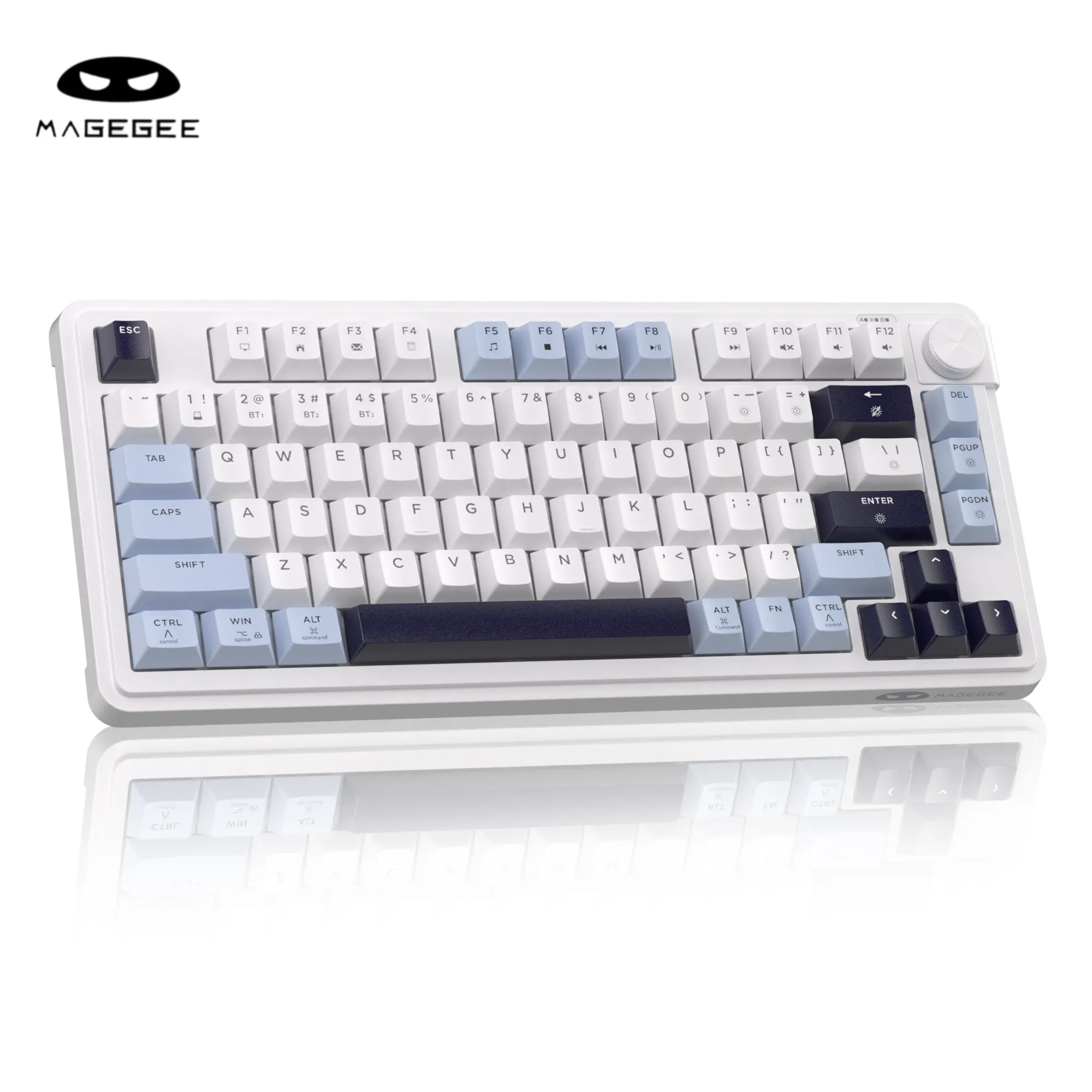 MaGegee GK950 Tri-Mode Gaming Membrane Keyboard - 2.4G/BT/Type C Stable Connection, 3-Way RGB Lighting, Multi-Functional Knob, Mixed-Color Keycaps, Color Variant Options Including Glacier Blue, Dual-System Support for Personal Computers