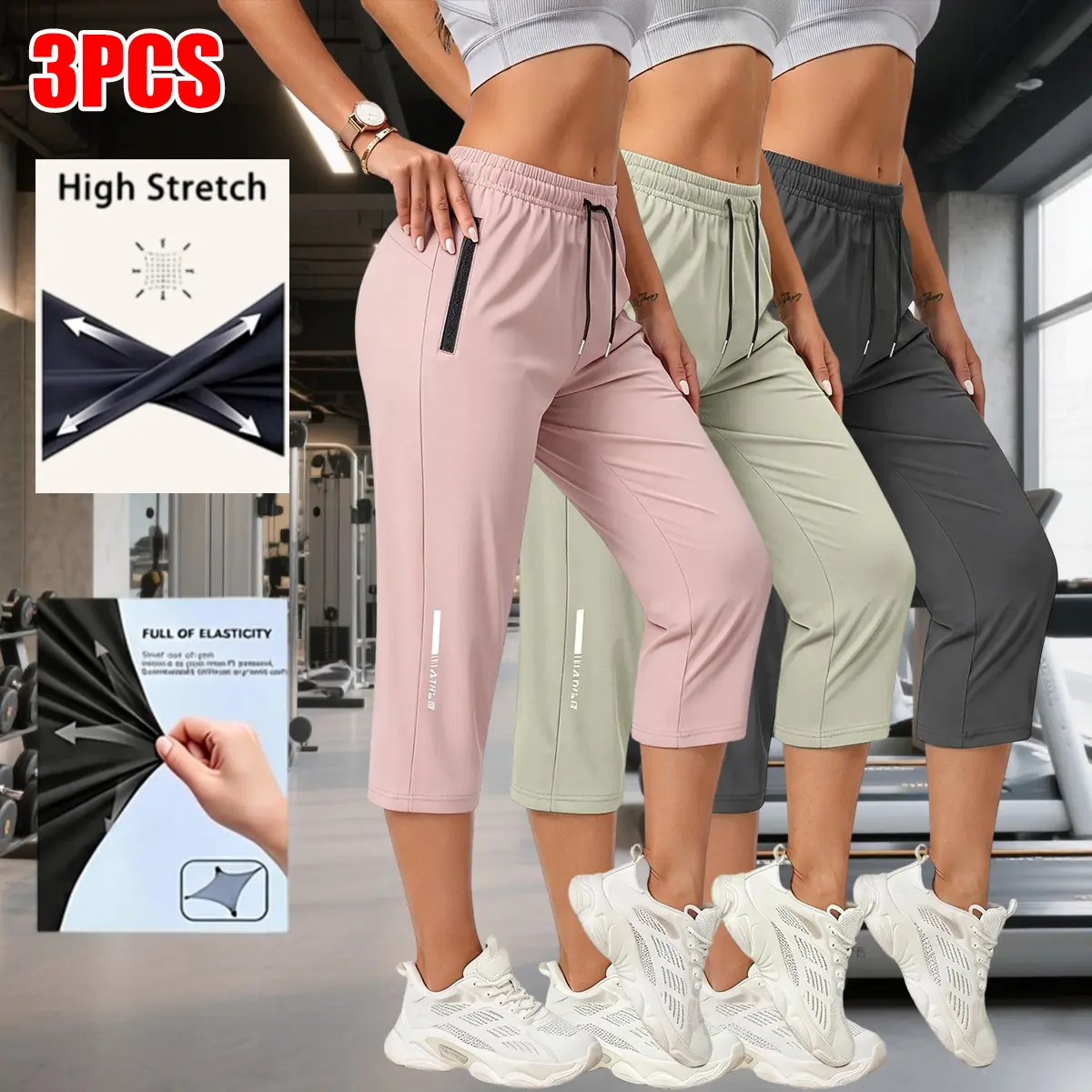 3-pack women’s casual athletic capri pants, loose fit, breathable summer fabric with slight stretch, reflective stripe print, suitable for everyday wear, outdoor sports, yoga studios, and gyms