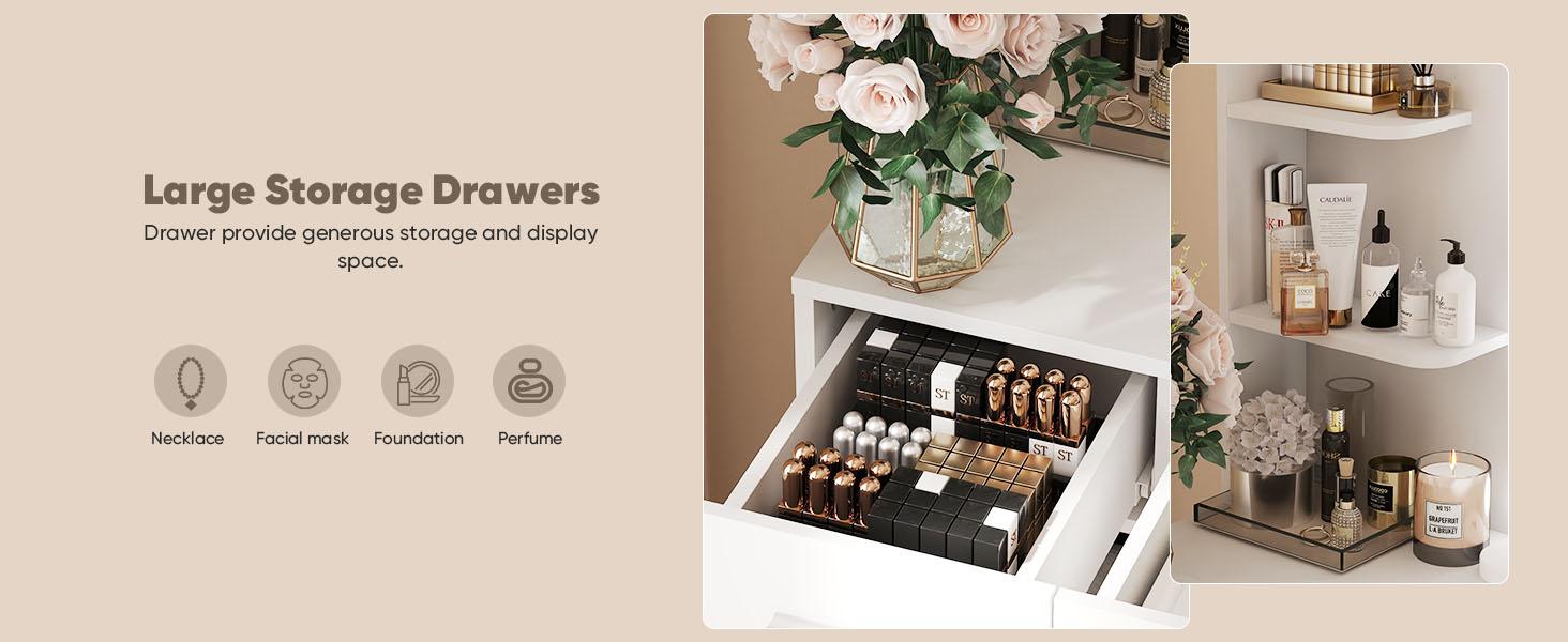 Vanity Desk with Adjustable Lighten Mirror & Power Outlet, Makeup Desk for Bedroom with a Storage Stool and 3 Drawers, 6 Storage Shelves, White Dresser for Girls