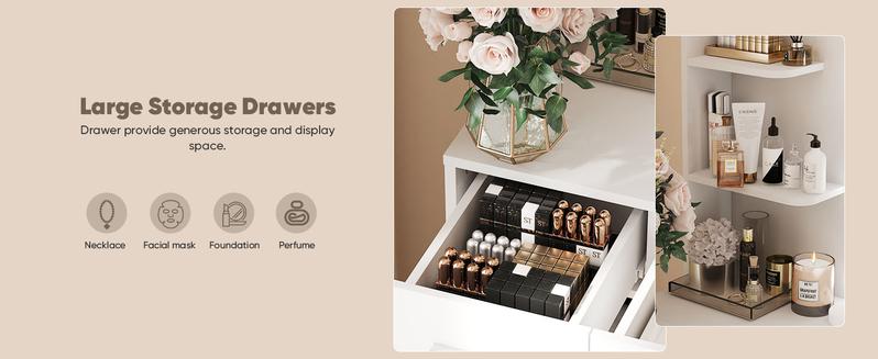 Vanity Desk with Adjustable Lighten Mirror & Power Outlet, Makeup Desk for Bedroom with a Storage Stool and 3 Drawers, 6 Storage Shelves, White Dresser for Girls