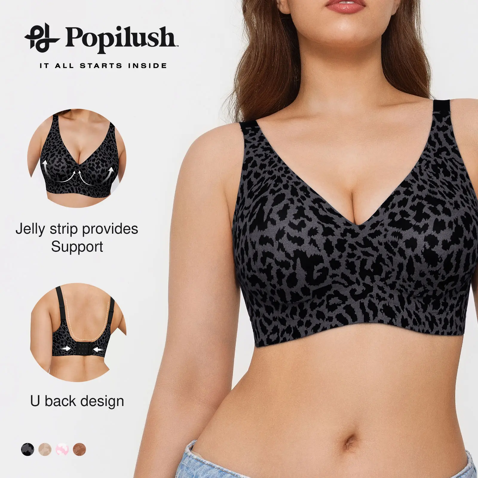 Popilush Cooling Bra Seamless Wireless Leopard Jelly Bra – Strapless V-Neck One-Piece Molded Cup, Comfortable Supportive Fit for Women
