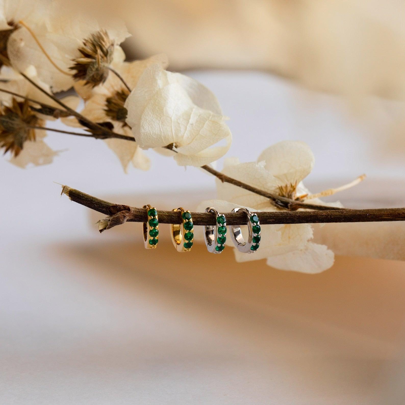 Elise Emerald Huggies by Caitlyn Minimalist - Dainty Green Pave Huggie Hoop Earrings - Beaded Emerald Birthstone Earrings - Minimalist Jewelry - Birthday Gift for Her