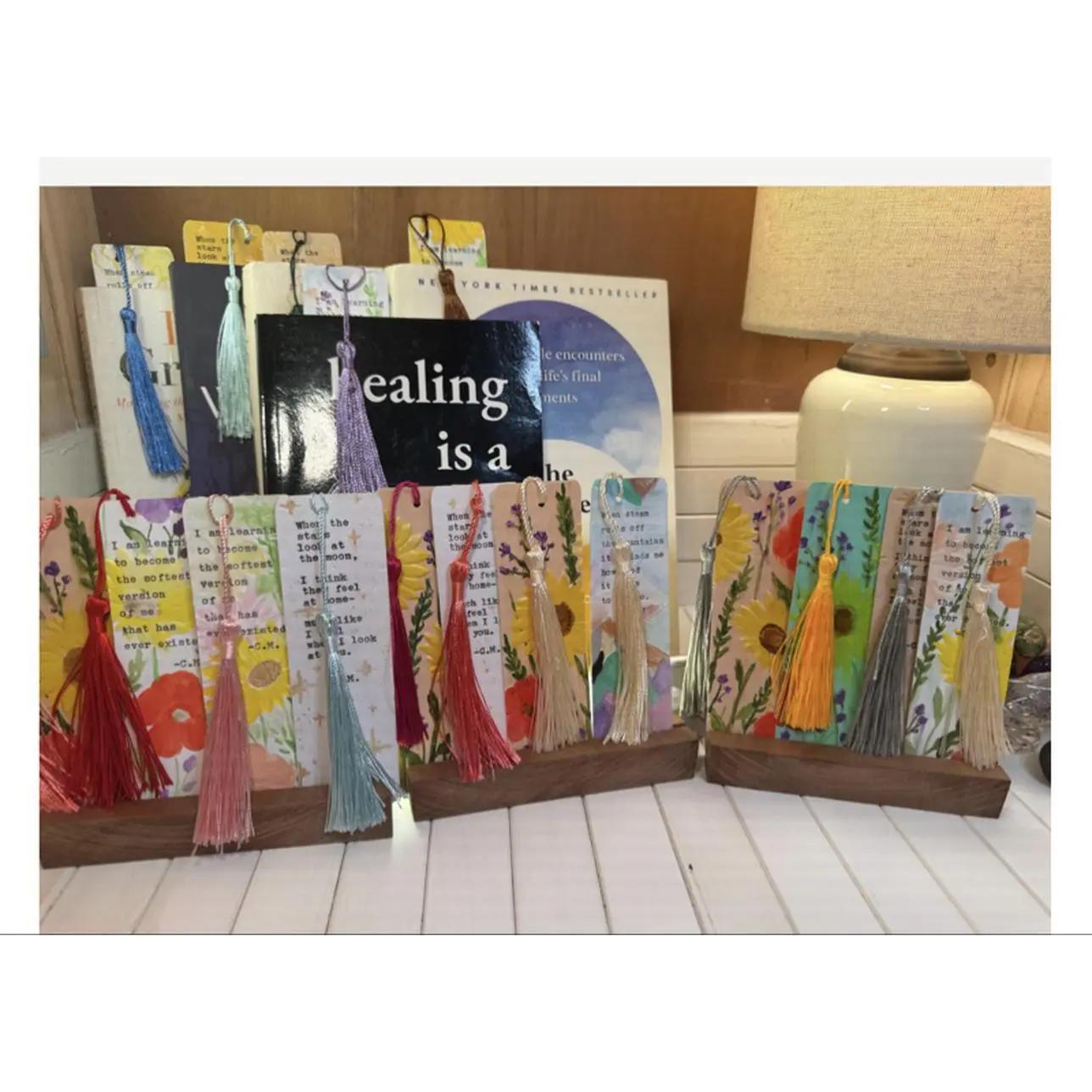 Handmade Floral Print Rectangular Watercolor Bookmarks with Tassels - Office Stationery for Book Lovers, Bookmarking Hand-Painted Gifting Option