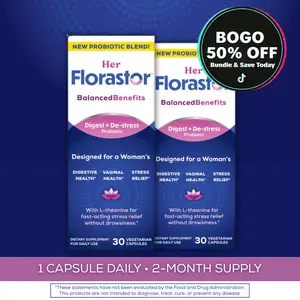 Her Florastor Balanced Digestive Health + De-stress Probiotic Supplement with L-theanine for Stress Relief Vegetarian Capsules for Women Wellness