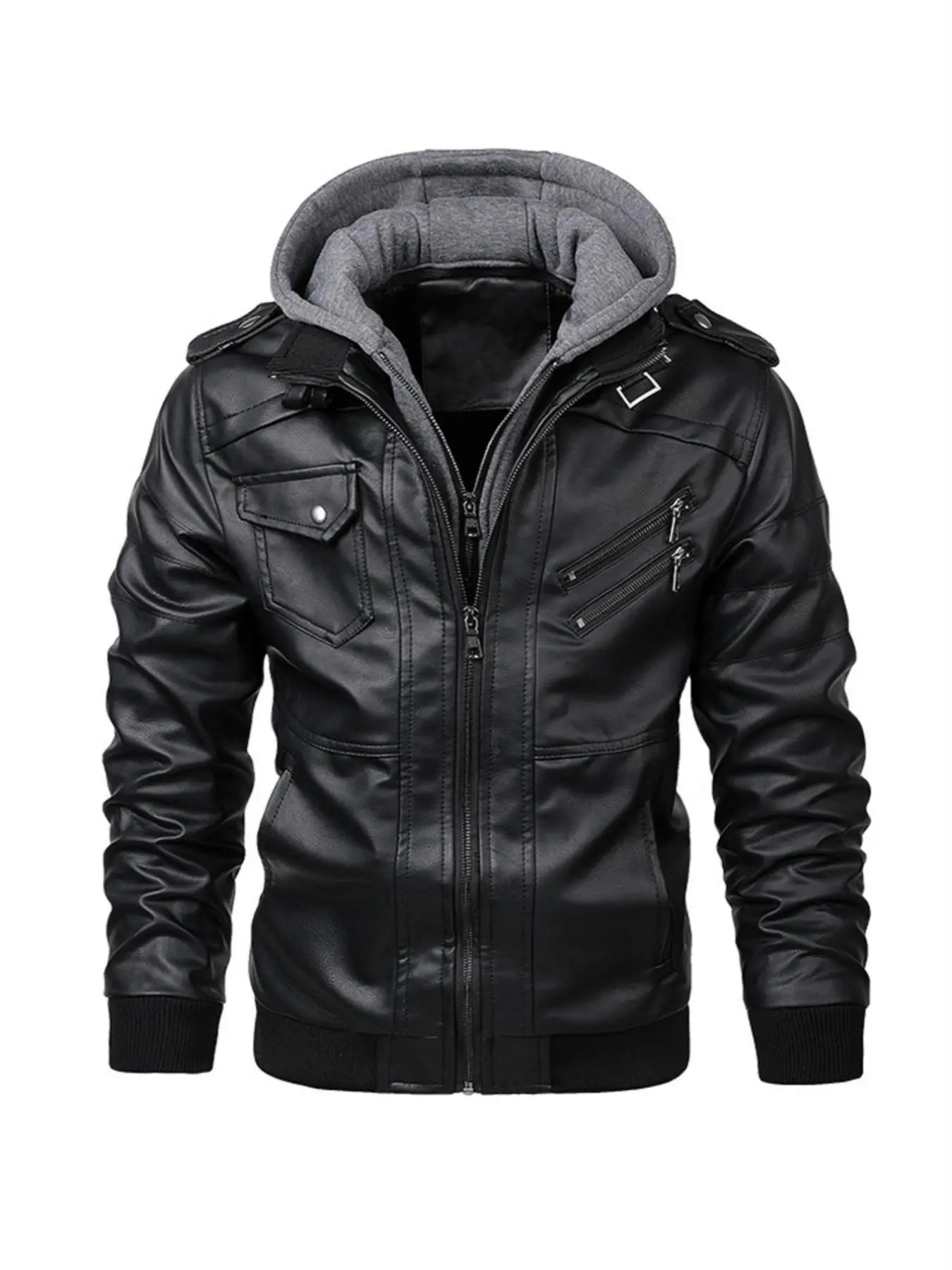 Men's Plain Flap Pocket Hooded Motorcycle Jacket, Zippered Jacket, Casual Jackets, Stylish Zipper Longsleeves Bomber Coat for Fall Winter, Men's Outfits for Daily Wear, Menswear, Outerwear With Pockets, Coat With Pockets