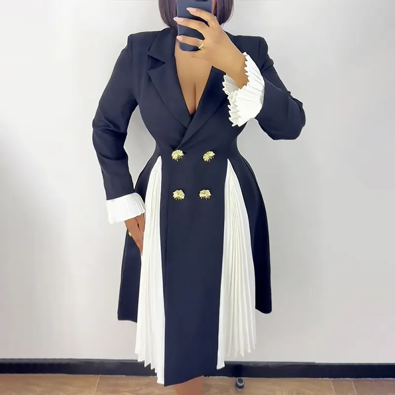 CHICME Women's Colorblock Pleated Spliced Notched Collar Pleated Flared Cuff Double Breasted Blazer Dress Elegant Cinched Waist Flared Hem Commuting Dress
