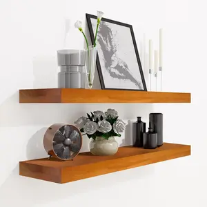 24 Inch Floating Shelves, Bathroom Wooden Shelves for Wall Mounted, Rustic Farmhouse Floating Shelves, Solid Wood Wall Shelves for Storage, Set of 2, Honey Oak