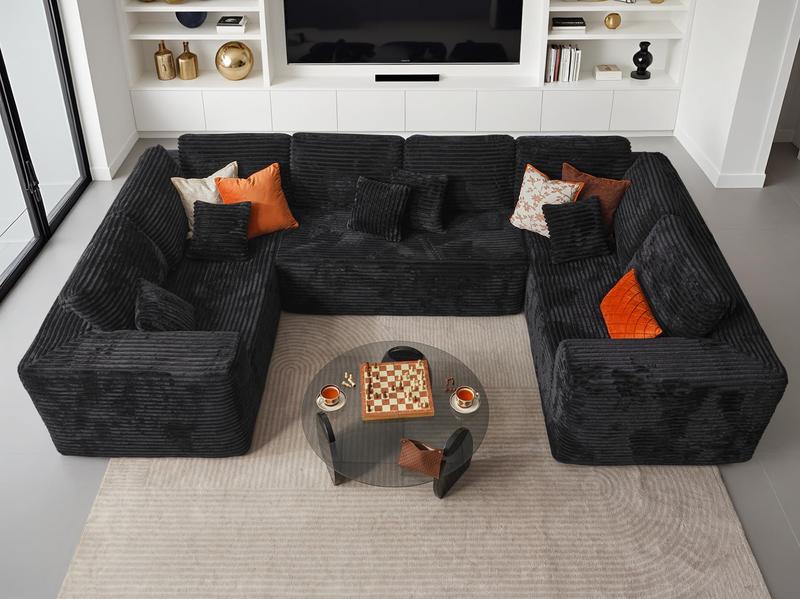 135" Cloud Sectional Couch for Living Room, Modular Floor Boneless Sofa with Plush Corduroy, No Assembly Required, Plush Corduroy Couches with Deep Seat Chaise Lounge