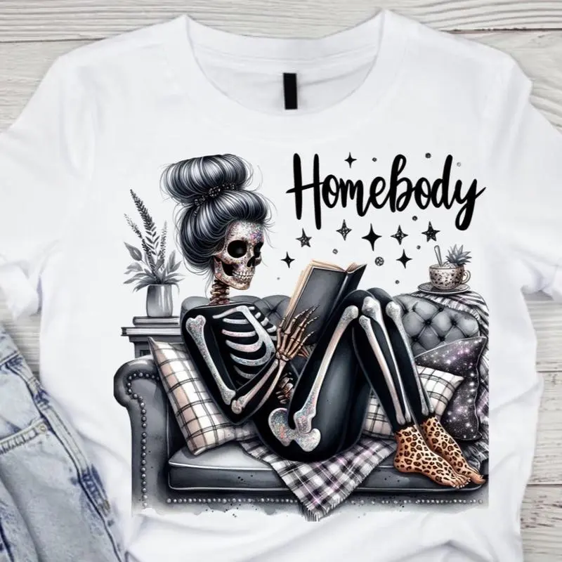 Oversized Graphic T-Shirt, Unisex Baggy Homebody Glitter Skelly Tee in Soft Cotton, Round Neck Streetwear Top