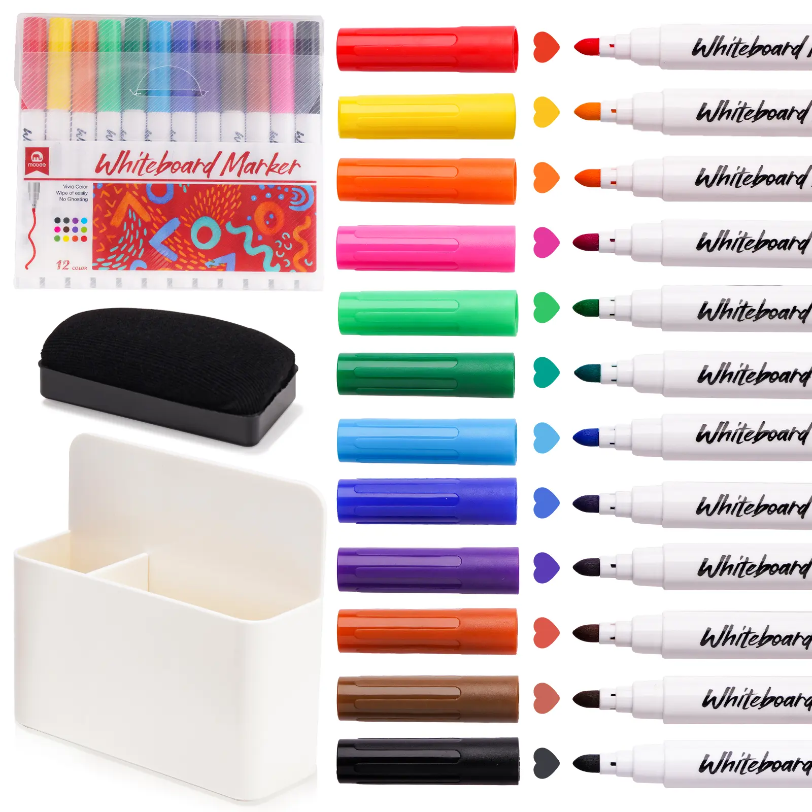 NiArt Whiteboard Magnetic Dry Erase Marker Holder Set, Fine Markers, Magnetic Whiteboard, Dry Eraser for School Office Home