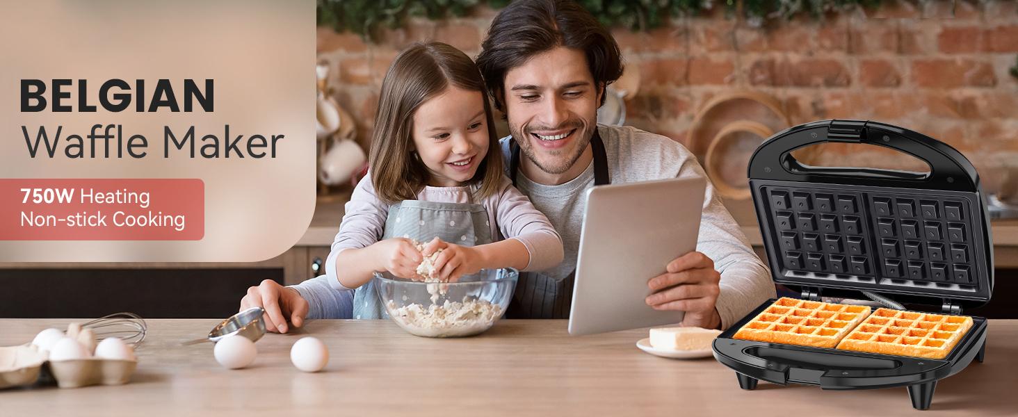 OSTBA Waffle Maker, 2 Slice Non-Stick Waffle Iron, Belgian Waffle Machine with Indicator Lights, PFOA Free, Perfect for Breakfast and Snacks, 750W