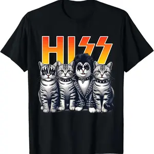 Cute Hiss Cats Rock Kittens Kitty Rocking Music Cat Lovers Unisex T-Shirt Men Women Casual Short Sleeve Graphic Fashion Fabric Menswear Oversized Crewneck