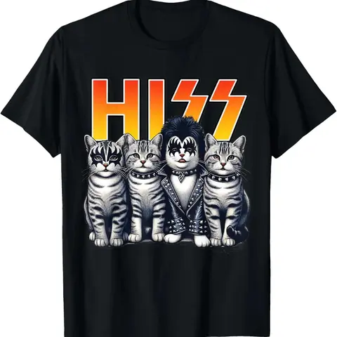 Women's Cute Hiss Cats Rock Graphic T-Shirt - Relaxed Oversized Crewneck, Classic Breathable Cotton Shortsleeve, Unisex Casual Top for Cat Lovers