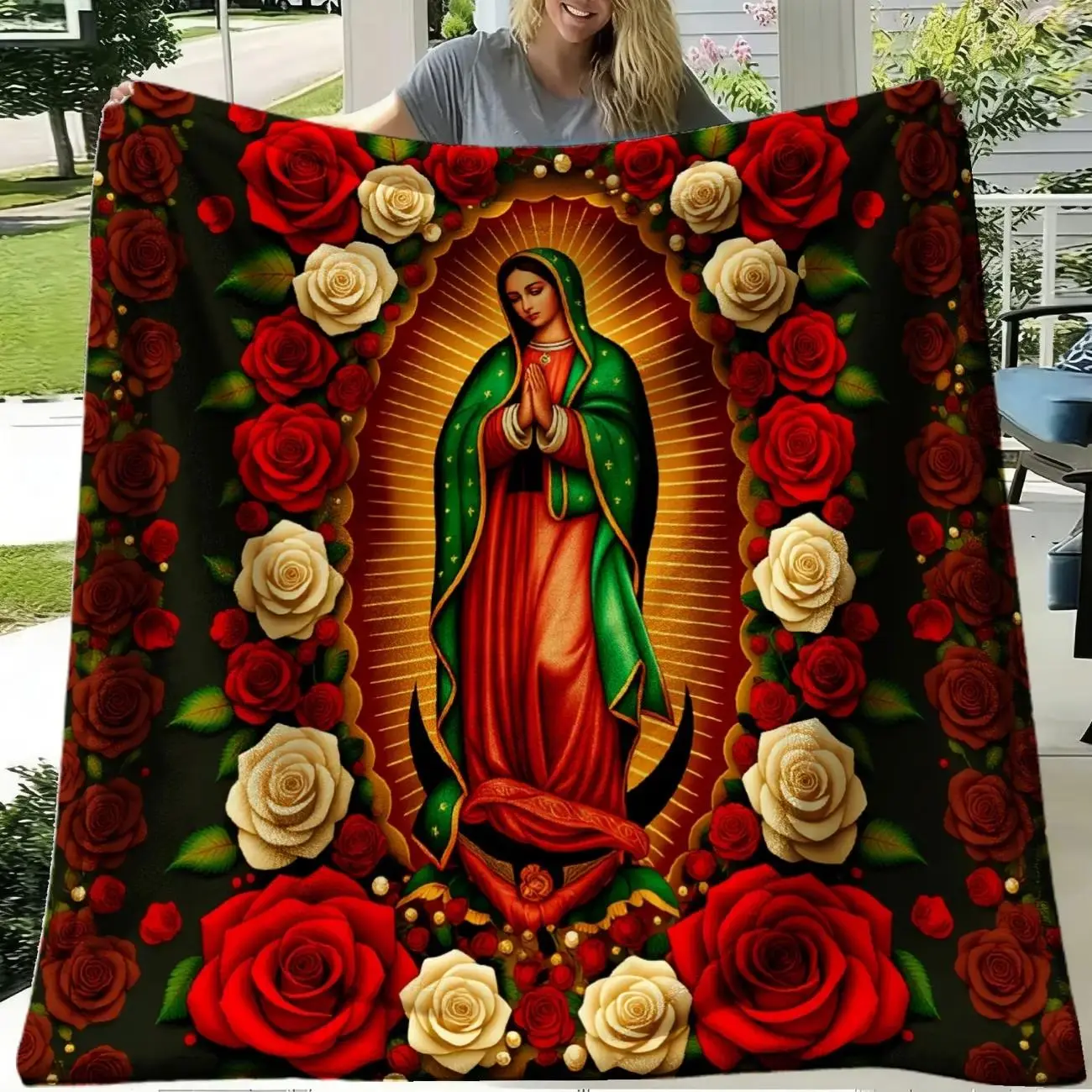 1pc Our Lady of Guadalupe - Embroidered Fleece Blanket Pattern Gift for Friends Blanket Soft Flannel Sofa Blanket TV Blanket, Soft Warm Throw Blanket Nap Blanket for Couch Office Bed Camping Travel, Multi-Purpose Gift Blanket for All Seasons