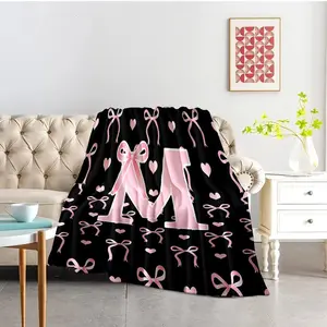 Initial Letter A-Z Flannel Blanket Throw for Girls, Black Pink Alphabet Flannel Blanket, Monogrammed Gifts for Daughter Women Teen Girls,Customized Blanket for Bedding Bedroom Office,multiple Size
