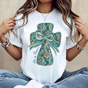Cotton Casual Round Neck Short Sleeve Summer T Shirt Featuring Vibrant Cross and Bow Design with He Is Risen Printed Graphic Machine Washable Not Dry Cleanable Ideal for Weekend Outings in Spring and Summer