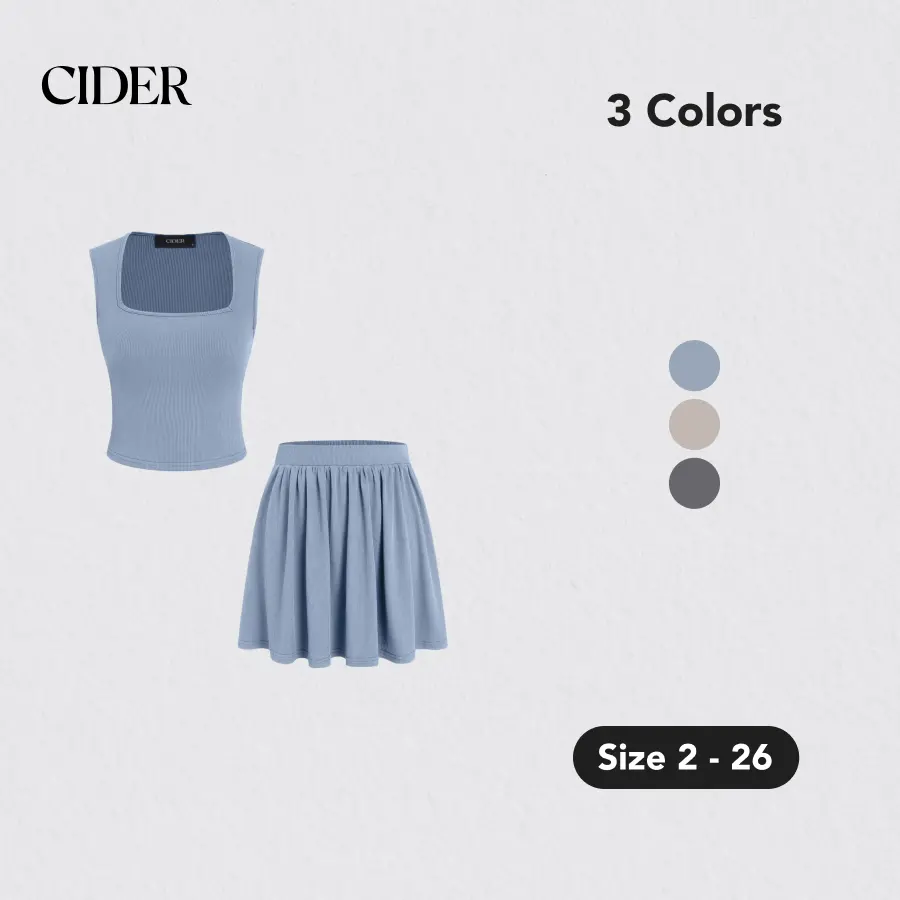 Cider [3 colors, size 2-26]Square Neck Ribbed Tank Top & Pleated Mini Skirt, Stretchy Material, Outfit Inspo, Spring Vibes, Prom SohoChic