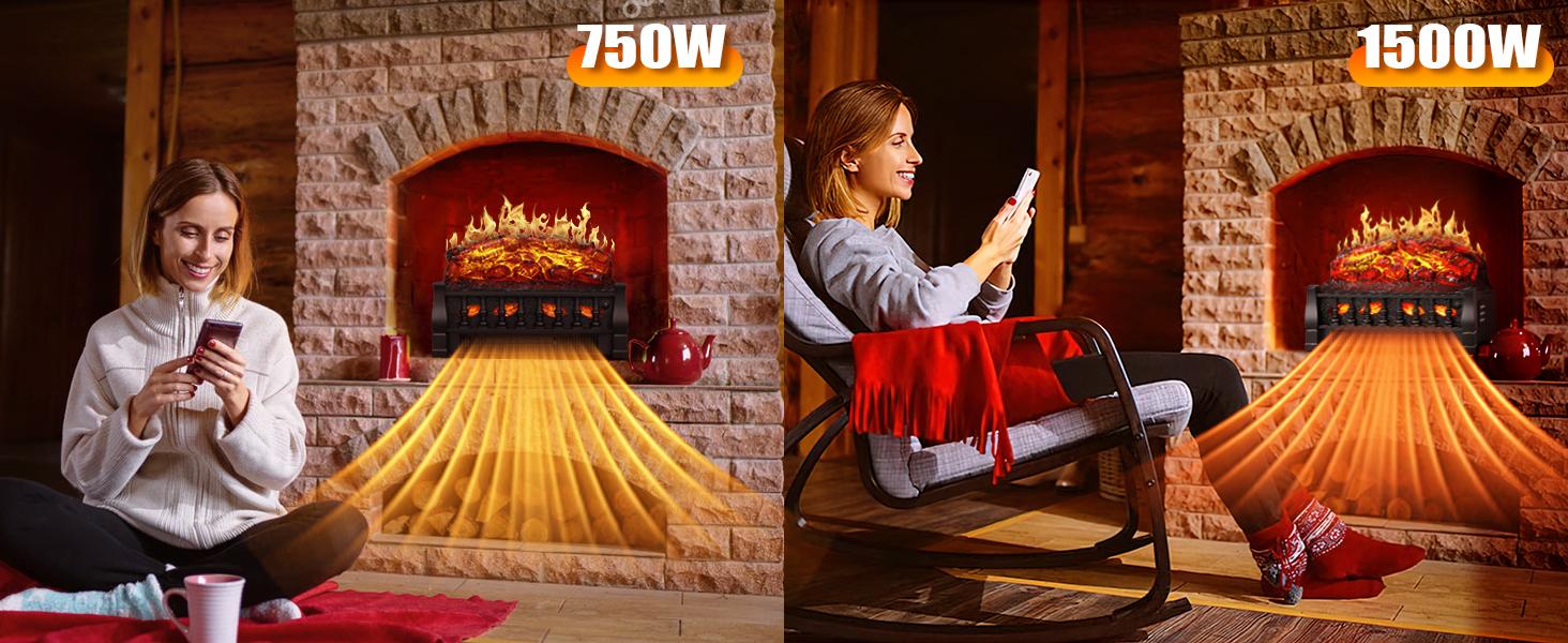 21 Inch Electric Fireplace Log Heater Remote Control Realistic Flame Effect Ember Bed, Leaves Pattern, Overheated Protection, Adjustable Brightness&Speed, Indoor Use（750W/1500W）