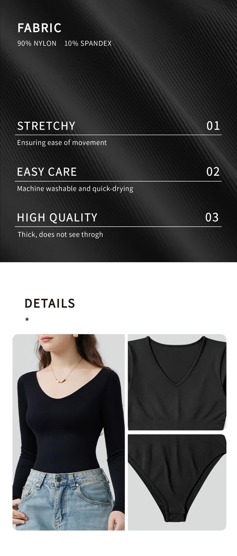 OQQ Women's 2 Piece Ribbed Bodysuit Sexy V Neck Long Sleeve Womenswear Comfort Basic