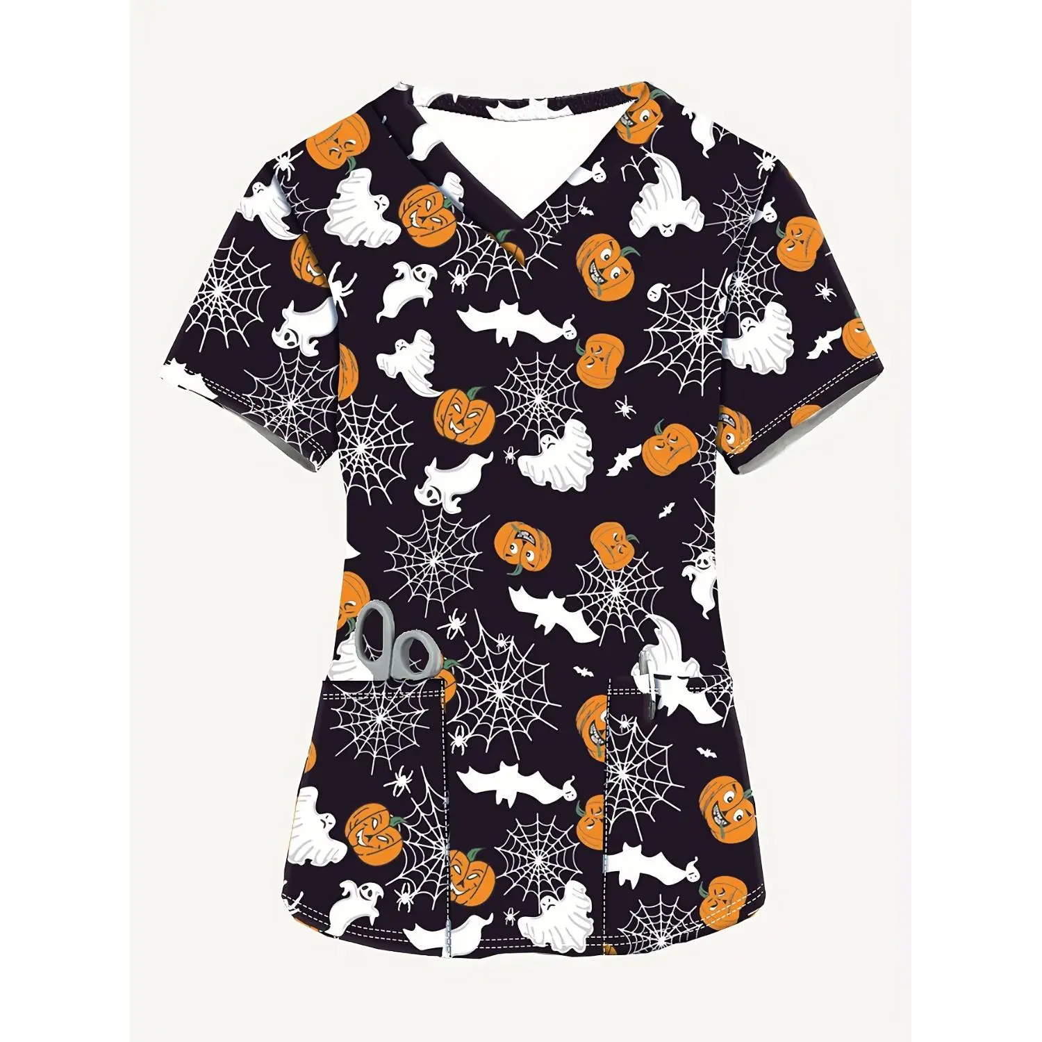 Halloween Pumpkin Print V-Neck Nurse Top - Soft, Comfortable, Short Sleeve Workwear, Easy Care & Machine Washable
