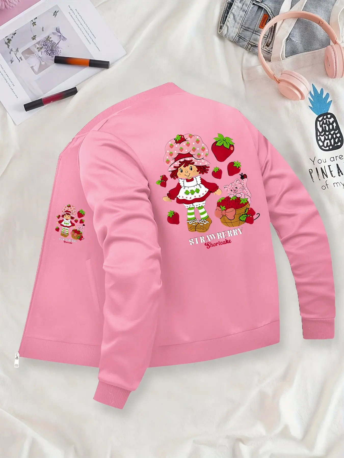 Cute Cartoon Strawberry Girl-Printed Baseball Jacket, Long Sleeve Daily Casual Fashion Zip-Front Nurse Jacket, 4-Way Stretch Fabric, Comfortable Workwear, Apparel for Medical Professionals, Women, Fashion Fit Jacket, Coats, Casual Cute Outerwear