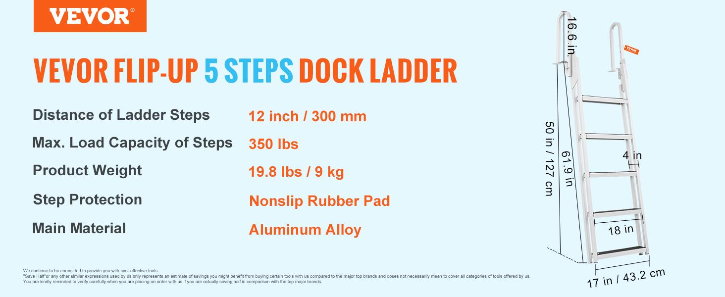 VEVOR Dock Ladder Flip Up 5 Steps, 350lbs Load Capacity, Aluminum Pontoon Boat Ladder with 4" Wide Step & Nonslip Rubber Mat,Swimm Step Ladder for Ship/Lake/Pool/Marine Boarding VEVOR Dock Ladder Flip Up 5 Steps, 350lbs Load Capacity, Aluminum Pontoon Boat Ladder with 4" Wide Step & Nonslip Rubber Mat,Swimm Step Ladder for Ship/Lake/Pool/Marine Boarding