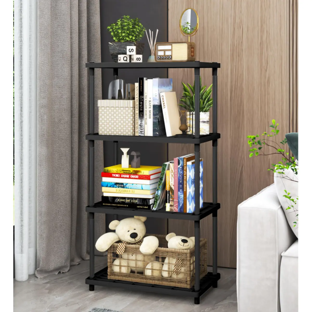 【Back to School】4-Tier Plastic  and Metal Freestanding Shelf Bathroom Organizer,Space-Saving And Utility Shelving,Shelving Unit Storage Rack Organizer for Home, Garage, Basement, Shed and Laundry Room