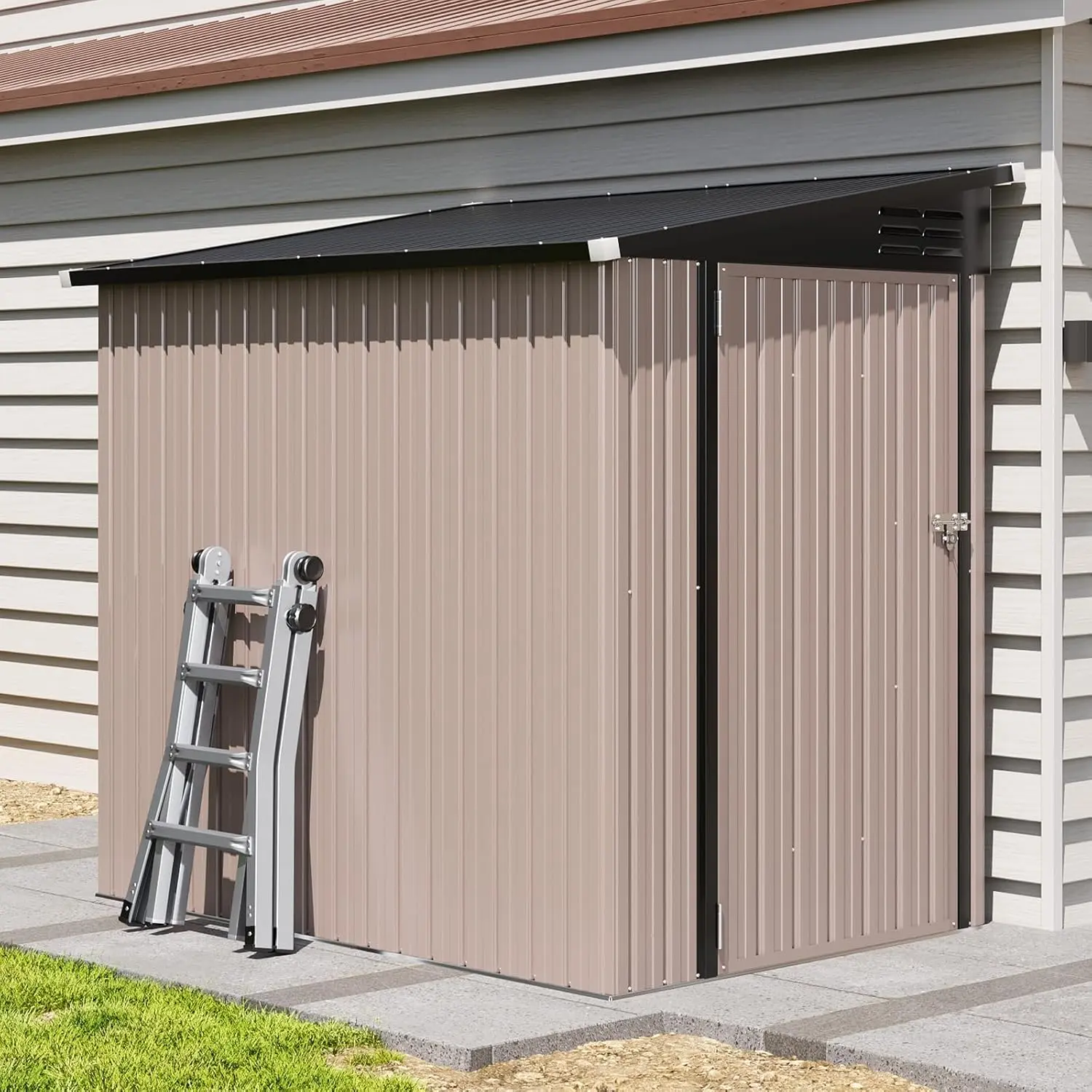 Aoxun Lean-to Metal Storage Shed, Heavy-Duty Rustproof Outdoor Garden Shed with Sloped Roof, Lockable Single Door, Bike & Tool Storage Shed for Backyard, Patio, Poolside, Brown