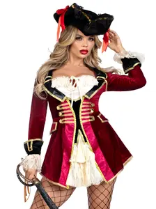 Leg Avenue Captivating Captain Pirate Halloween Costume - Velvet Coat Dress with Lace Ruffle Accents & Flared Skirt for Women's Carnival Wear