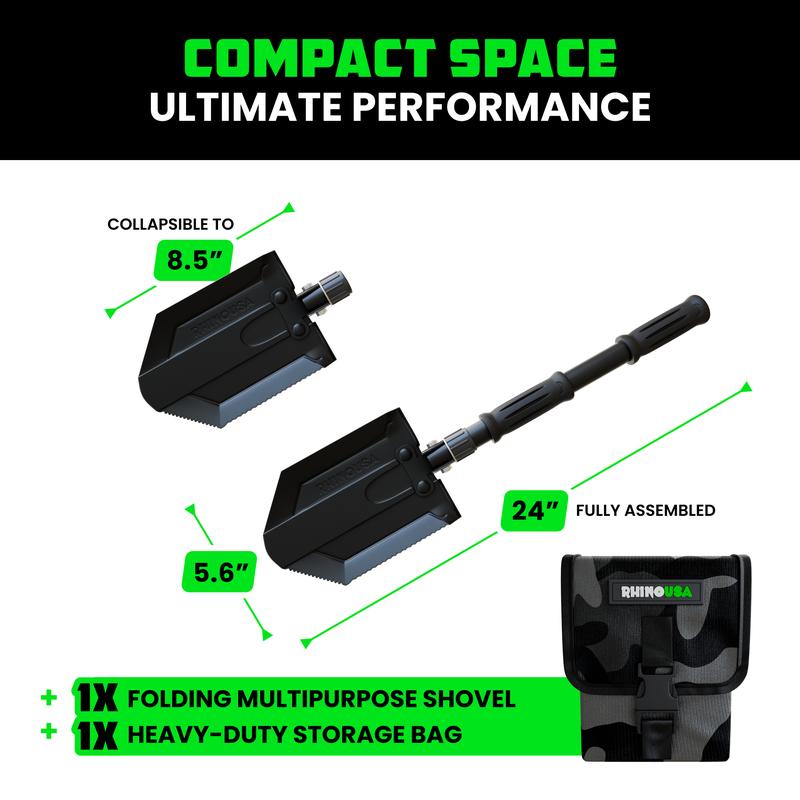 Rhino USA Folding Survival Shovel w/Pick - 3-in-1 Multipurpose Heavy Duty Carbon Steel Military Style Tool for Off Road Camping Gardening Beach Digging Dirt Sand Mud & Snow
