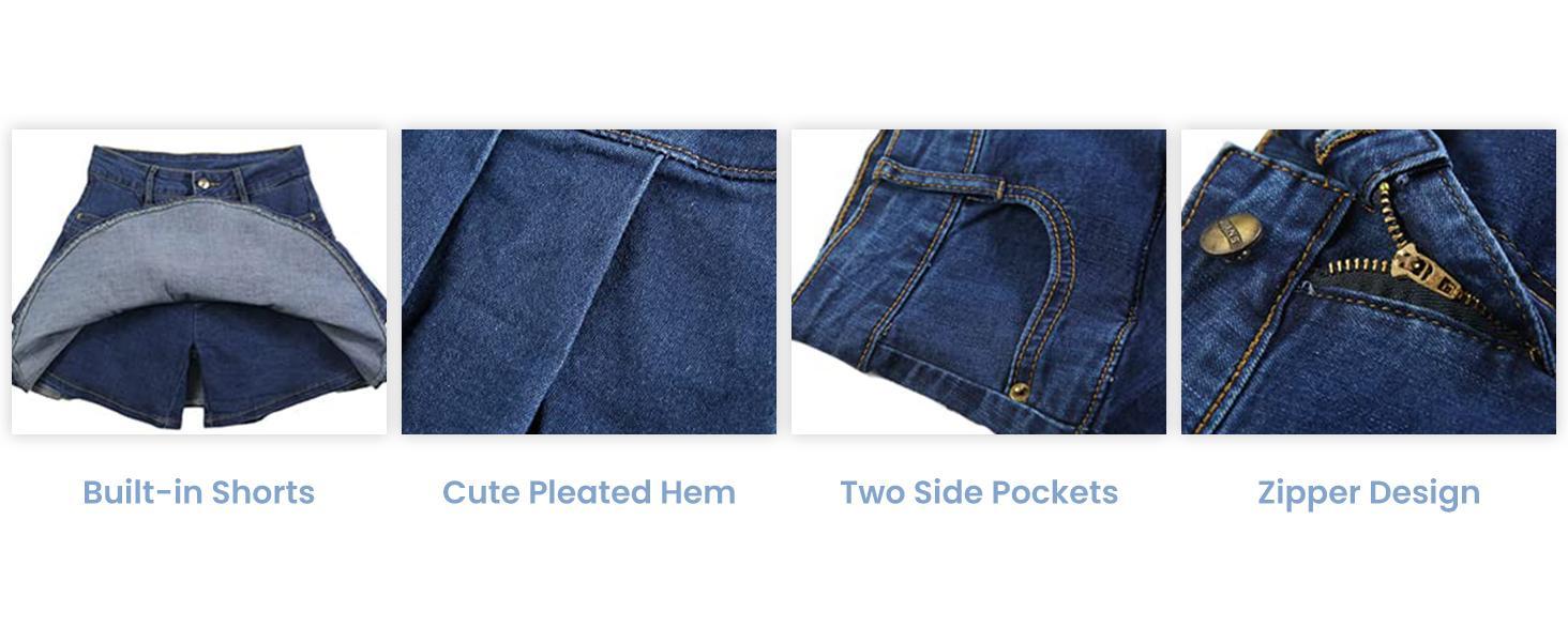 JovenPara Women's Short  Denim Skirt Slim A-line Pleated Ruffle Mini Jean Y2K Skirts with Built-in Shorts