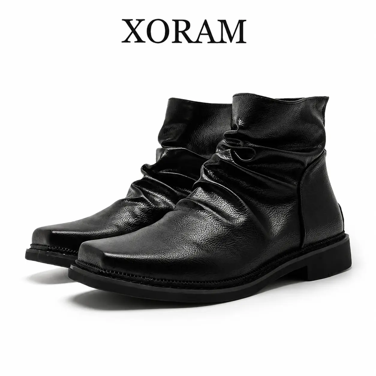 XORAM Minimalist style men's square-toed pleated boots, black fashion boots, versatile for commuting, vintage breathable pleated casual ankle boots 66595-K Walking Shoes Footwear Closed