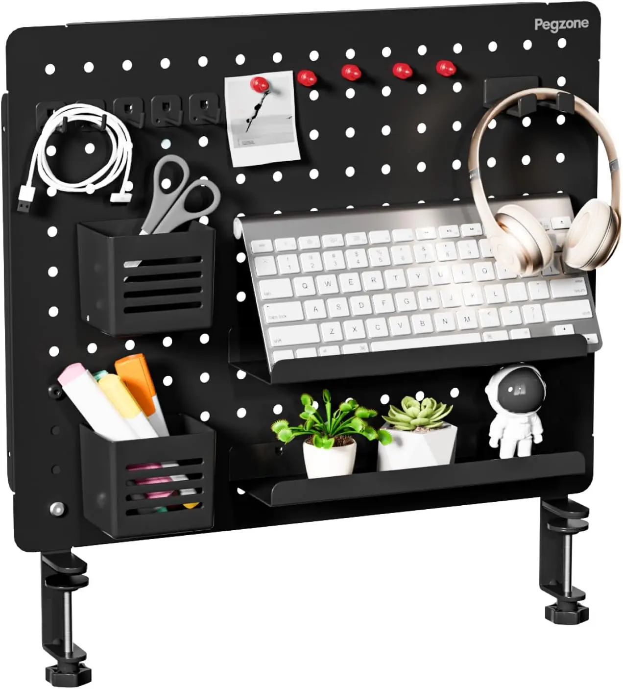 PEGZONE Clamp-On Desk Peg Board - Office Gadgets Storage Organization Set with Steel Frame, Magnetic Metal Panel, Privacy Panel, 15 Hooks, Headphones Hook, 20.4"x16.5" Black Shelf, Easy-Install Office Supply for Endless Storage Possibilities, Work Organiz